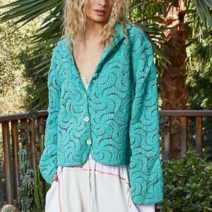 POL Button Down Crochet Openwork Shirt Teal Crochet Button-Up Cardigan sz Large